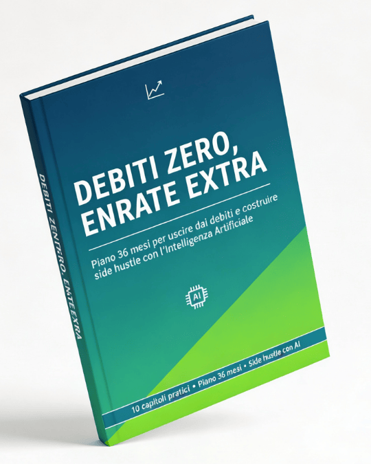 “Copertina 3D dell’ebook ‘Debiti Zero, Entrate Extra’: libro di finanza personale per 28–45enni con debiti, sfondo blu petrolio, titolo in bianco e verde, sottotitolo sul piano di 36 mesi per uscire dai debiti e creare side hustle con l’Intelligenza Artificiale, grafico stilizzato in crescita e icona AI minimalista