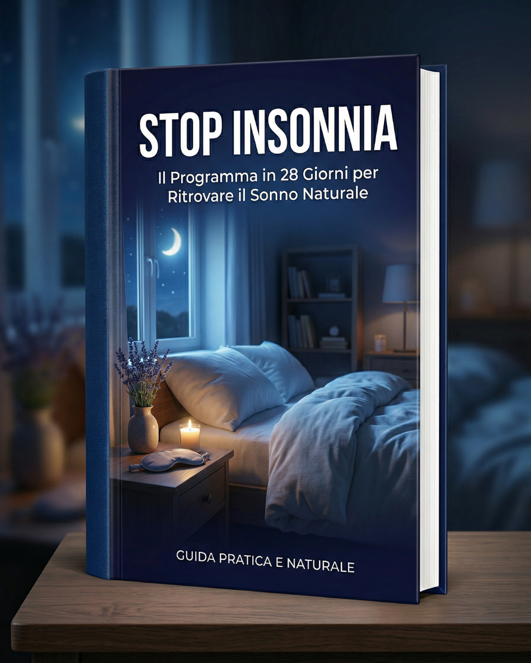 Copertina del libro Stop Insonnia: sfondo blu indaco con figura 3D di persona 
che dorme pacificamente. Titolo "STOP INSONNIA" in bianco e oro. 
Sottotitolo "Il Programma in 28 Giorni per Ritrovare il Sonno Naturale" 
in azzurro. Luna crescente e onde cerebrali che si trasformano da caotiche 
a regolari. Protocollo CBT-I per l'insonnia cronica.