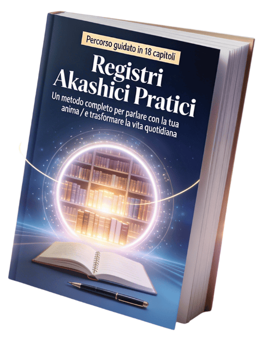 Copertina 3D ebook "Registri Akashici Pratici - Un metodo completo per parlare con la tua anima e trasformare la vita quotidiana". Mockup dinamico con libro verticale, portale di luce, biblioteca eterea e diario aperto. Colori blu profondo, oro rosato e bianco caldo. Design moderno e professionale per guida spirituale pratica in italiano.