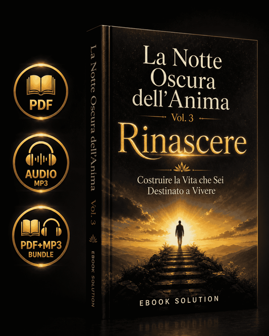 Copertina del libro “La Notte Oscura dell’Anima – Vol. 3 Rinascere. Costruire la Vita che Sei Destinato a Vivere”. Un uomo cammina su una scalinata di pietra che sale tra le montagne verso una luce dorata all’orizzonte. Il cielo è scuro con stelle in alto e toni caldi di alba in basso. Il titolo è scritto in caratteri eleganti dorati su sfondo blu notte; in basso appare la scritta “EBOOK SOLUTION”.