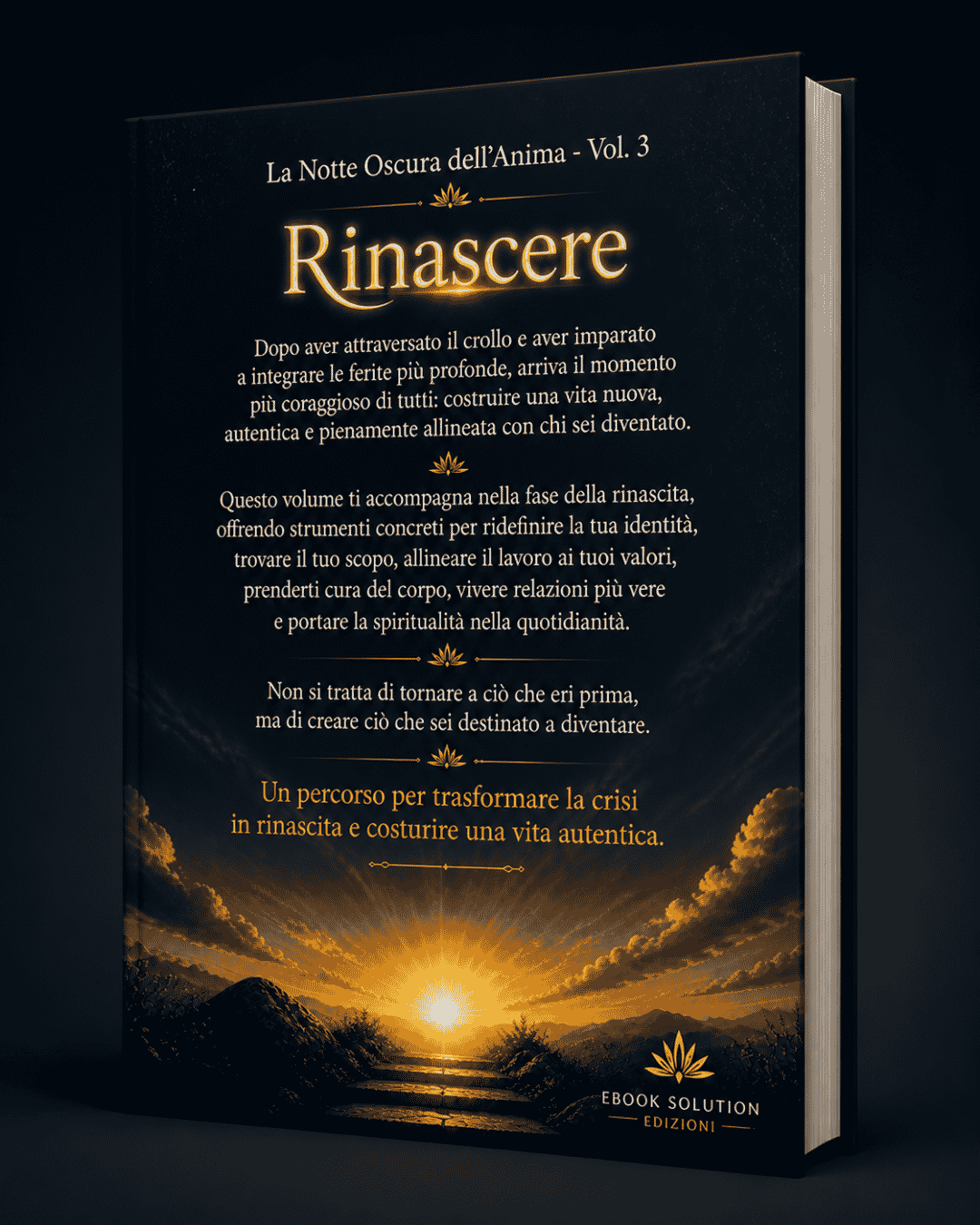Retro copertina ebook spiritualità La Notte Oscura dell'Anima Vol. 3: Rinascere, con testo di presentazione, grafica blu notte e oro, stile spirituale professionale e autore EBOOK SOLUTION