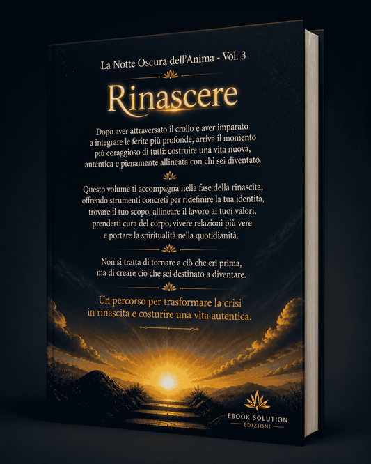 Retro copertina ebook spiritualità La Notte Oscura dell'Anima Vol. 3: Rinascere, con testo di presentazione, grafica blu notte e oro, stile spirituale professionale e autore EBOOK SOLUTION