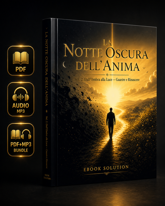 Copertina eBook "La Notte Oscura dell'Anima – Vol. 2: Dall'Ombra alla Luce, Guarire e Rinascere" di Ebook Solution. Sfondo blu notte con luce dorata, titolo in caratteri dorati monumentali.
