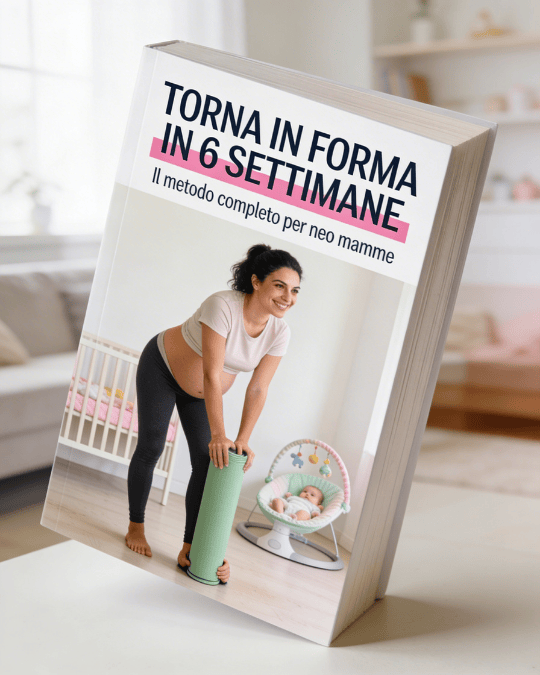 Copertina professionale 3D dell'ebook per neo mamme, con immagine realistica di una giovane mamma in tenuta sportiva (leggings e t-shirt) pronta per l'allenamento post parto a casa. Sullo sfondo un ambiente domestico luminoso con tappetino fitness e baby gym sfocato. Titolo principale maiuscolo "TORNA IN FORMA IN 6 SETTIMANE" e sottotitolo "Il metodo completo per neo mamme". Design moderno con colori pastello chiari (beige, rosa cipria, verde salvia) ottimizzato per social media e conversioni.(see the gener