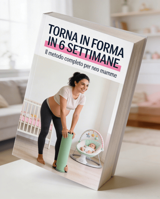Copertina professionale 3D dell'ebook per neo mamme, con immagine realistica di una giovane mamma in tenuta sportiva (leggings e t-shirt) pronta per l'allenamento post parto a casa. Sullo sfondo un ambiente domestico luminoso con tappetino fitness e baby gym sfocato. Titolo principale maiuscolo "TORNA IN FORMA IN 6 SETTIMANE" e sottotitolo "Il metodo completo per neo mamme". Design moderno con colori pastello chiari (beige, rosa cipria, verde salvia) ottimizzato per social media e conversioni.(see the gener