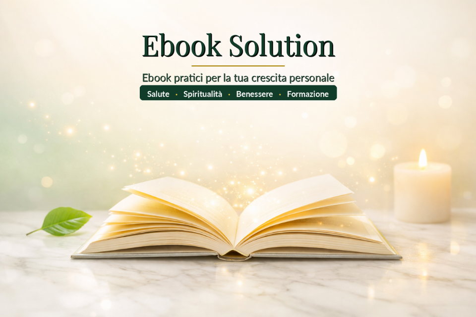 Ebook Solution - Ebook pratici per la crescita personale: guide su salute, spiritualità, benessere e formazione con libro aperto su sfondo luminoso