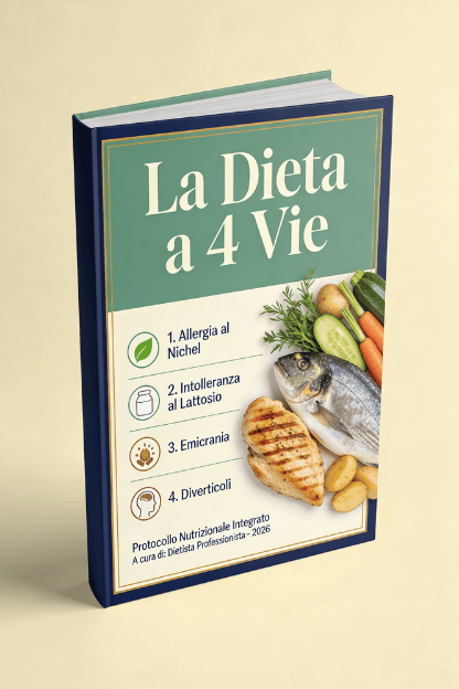 Copertina ebook La Dieta a 4 Vie protocollo nutrizionale integrato per allergia al nichel intolleranza al lattosio emicrania e diverticoli